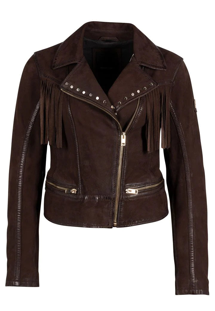 Woman wearing brown leather jacket with asymmetrical zipper and fringe, and studs
