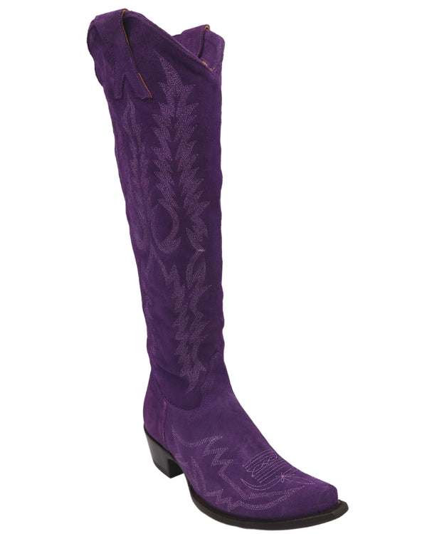 Purple Suede Boots for ladies with 18 inch shaft, 45 degree angle front view