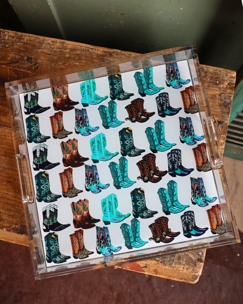 Acrylic tray with cowboy boot graphic design