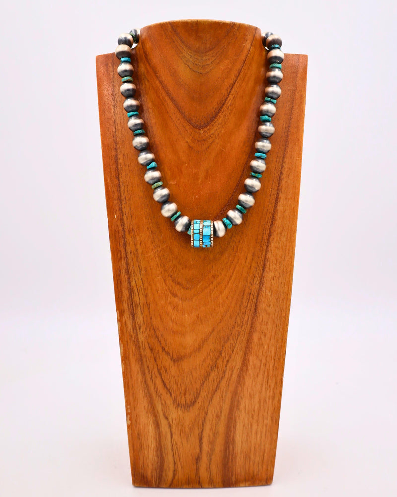 LARGE NAVAJO PEARL TURQUOISE INLAID PENDANT NECKLACE