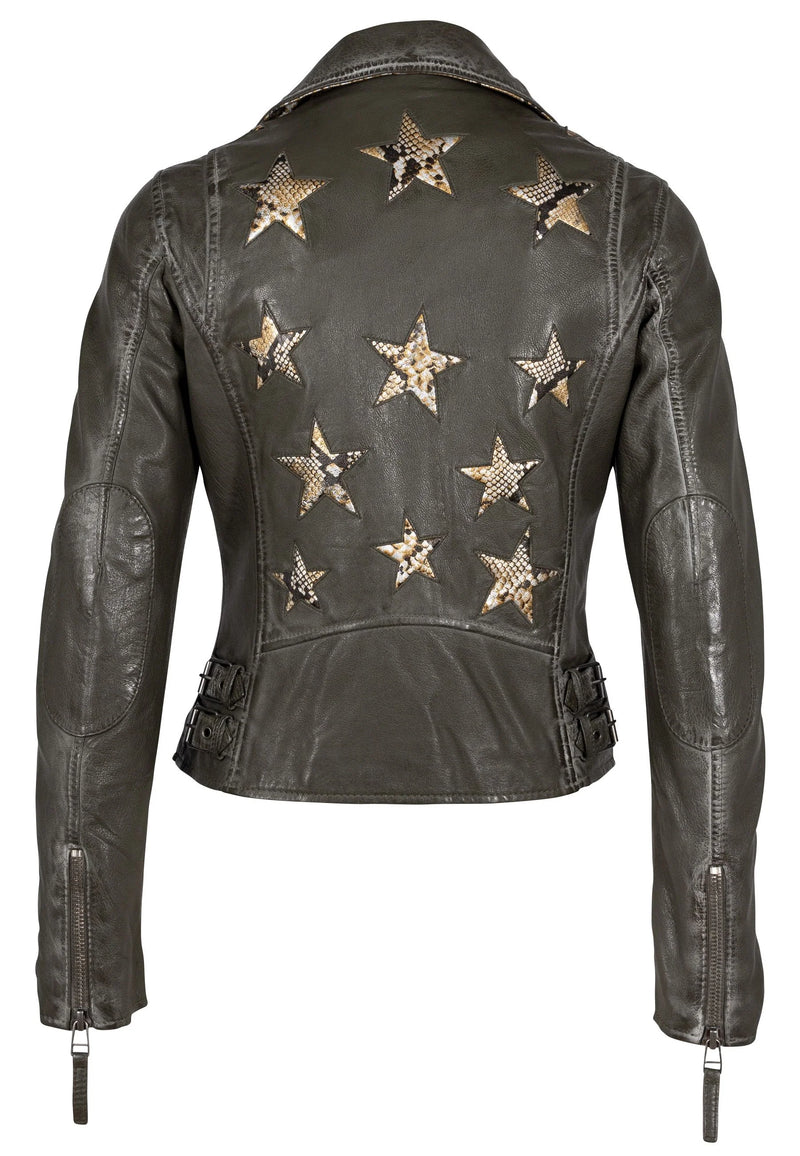 Christy RF Star Detail Leather Jacket- Olive Snake