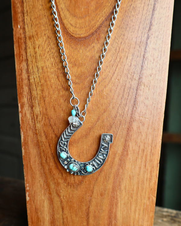 THE WINGED HEART STERLING SILVER DRY CREEK TURQUOISE LARGE LUCKY HORSESHOE NECKLACE