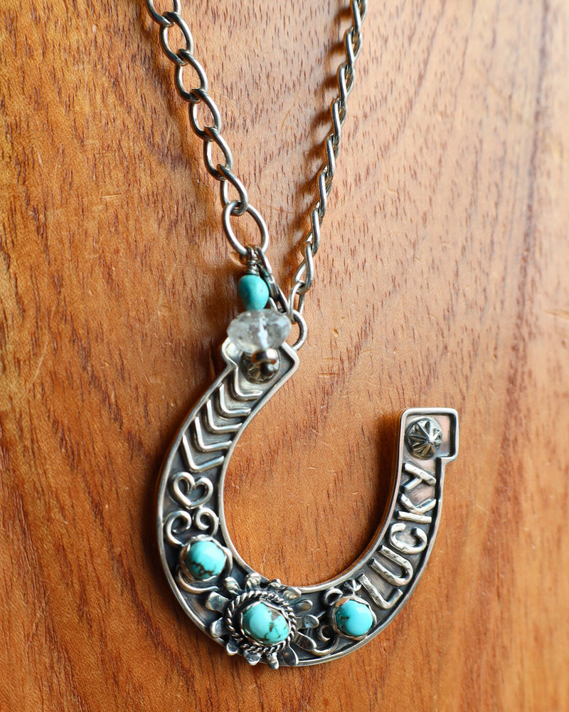 THE WINGED HEART STERLING SILVER DRY CREEK TURQUOISE LARGE LUCKY HORSESHOE NECKLACE