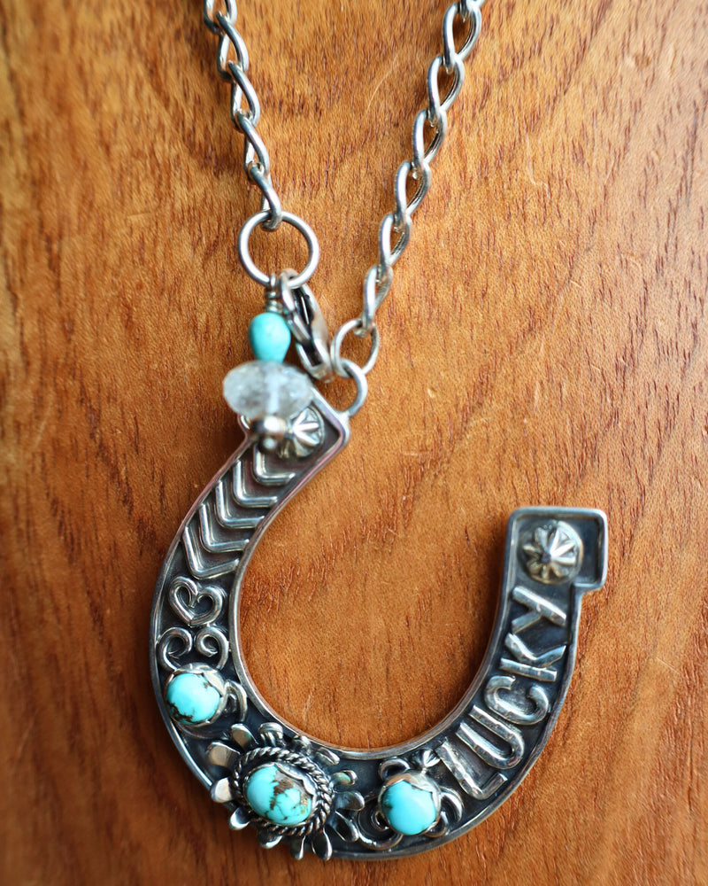 THE WINGED HEART STERLING SILVER DRY CREEK TURQUOISE LARGE LUCKY HORSESHOE NECKLACE