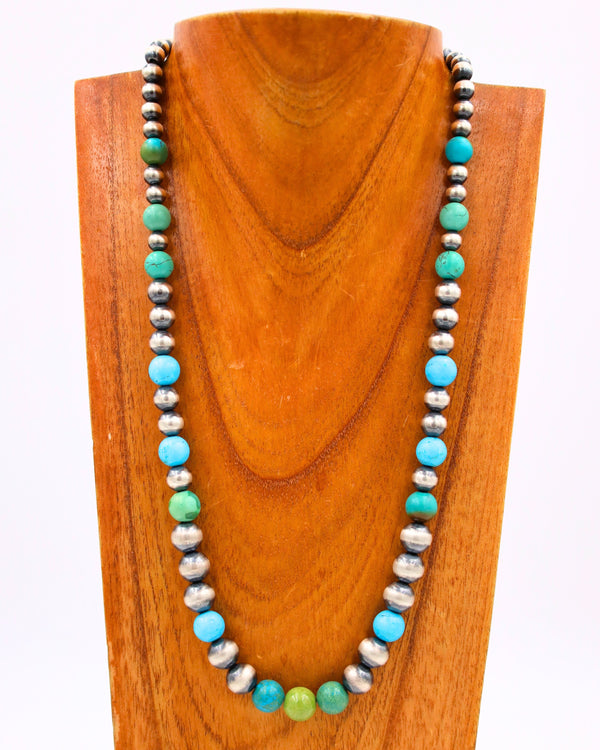 PEYOTE BIRD NAVAJO PEARLS WITH BLUE AND GREEN TURQUOISE BALLS NECKLACE