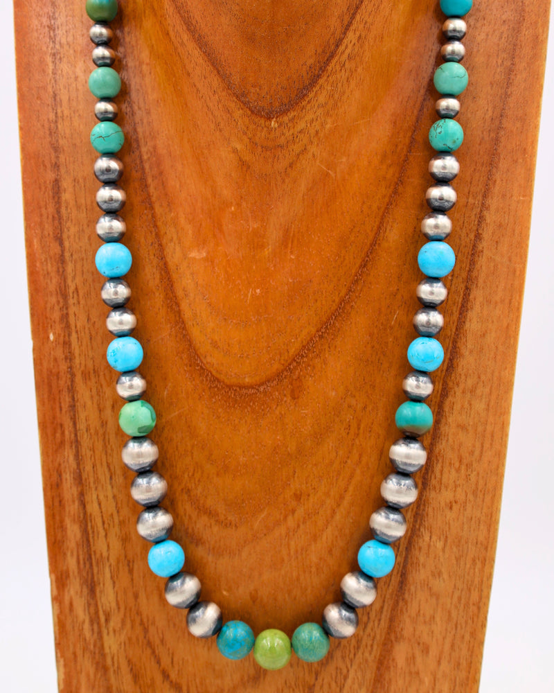 PEYOTE BIRD NAVAJO PEARLS WITH BLUE AND GREEN TURQUOISE BALLS NECKLACE