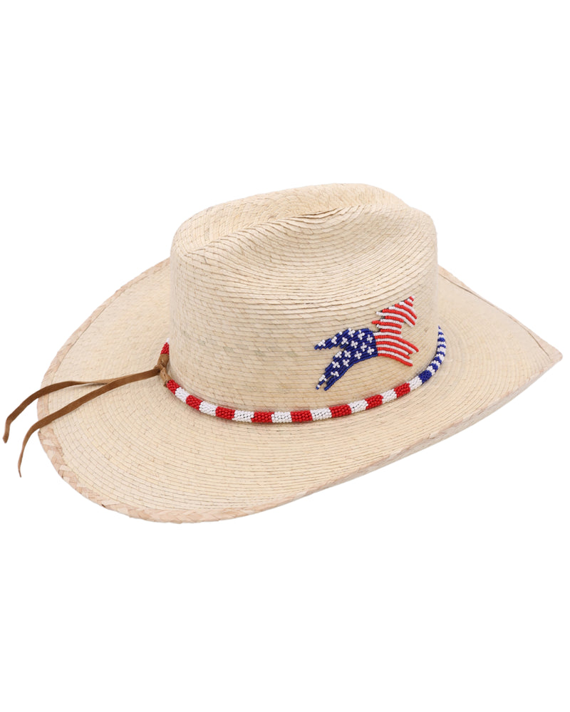 Straw cowboy hat with beaded red, white and blue hat band and beaded horse in same colors
