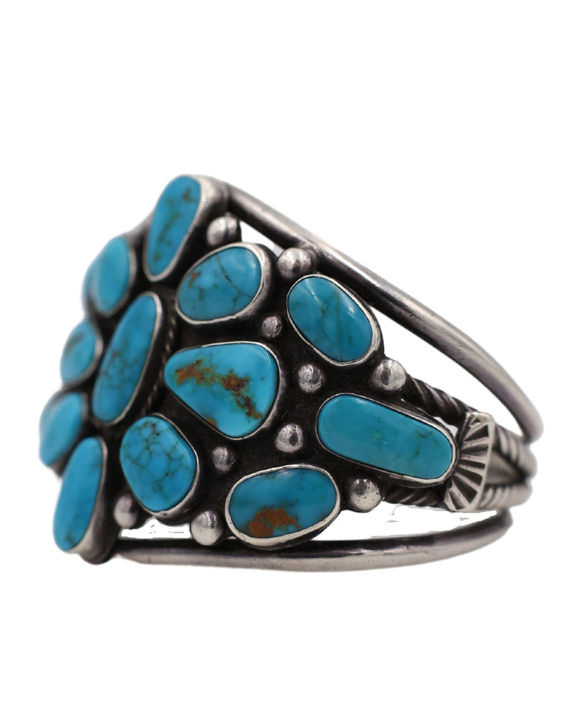 40's LARGE TURQUOISE FLOWER MULTI STONE CUFF