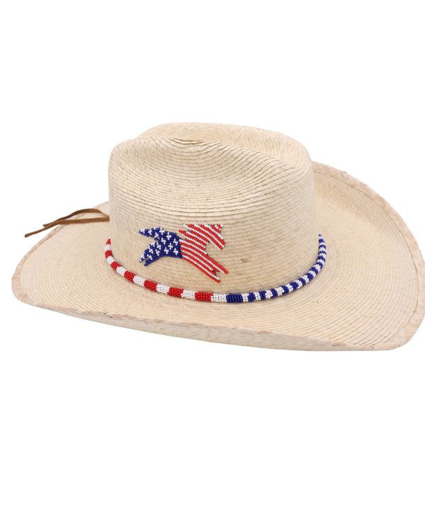 Straw cowboy hat with beaded red, white and blue hat band and beaded horse in same colors