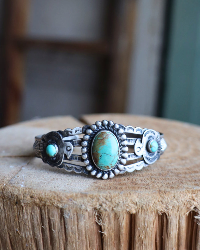 Nancy Rose Turquoise Oval 2 Rounds Thunderbird Harvey Vintage Cuff