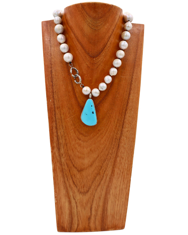 LOVE TOKENS LARGE TURQUOISE TEARDROP WITH FRESHWATER PEARLS NECKLACE