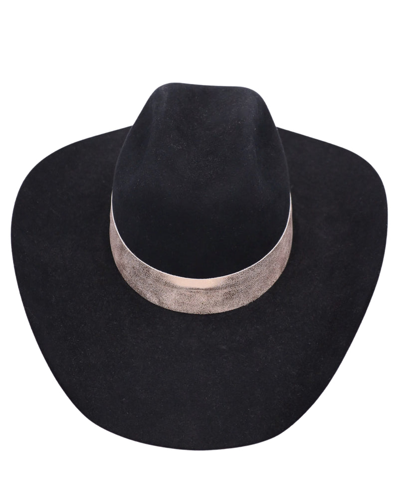 Black wool cowboy hat with metallic rose gold hatband
