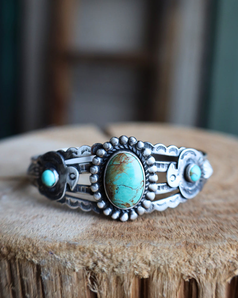 Nancy Rose Turquoise Oval 2 Rounds Thunderbird Harvey Vintage Cuff