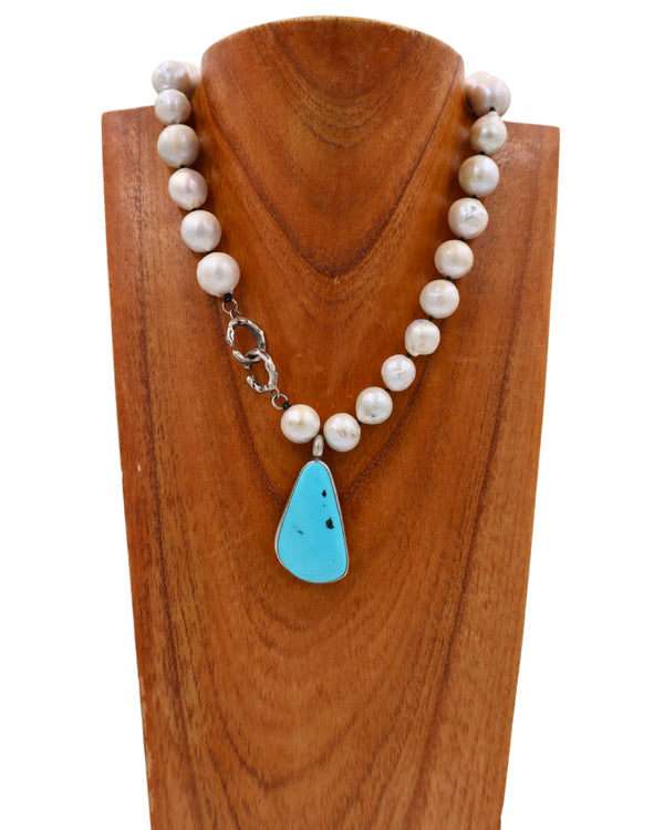LOVE TOKENS LARGE TURQUOISE TEARDROP WITH FRESHWATER PEARLS NECKLACE