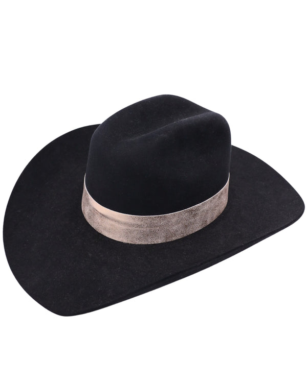 Black wool cowboy hat with metallic rose gold hatband 