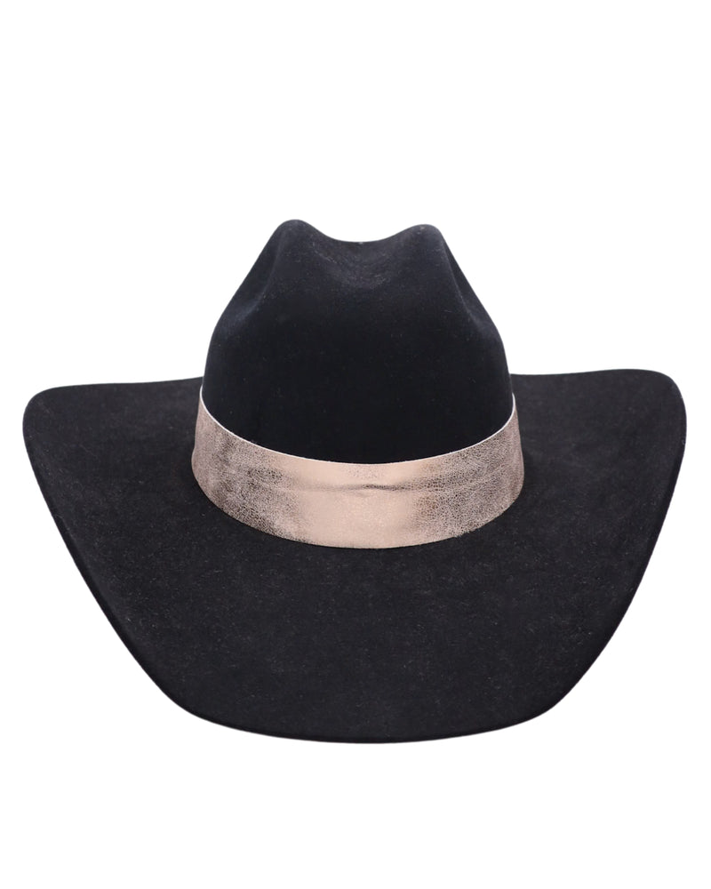 Black wool cowboy hat with metallic rose gold hatband