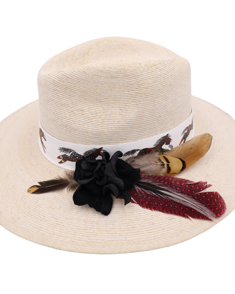 Straw fedora hat adorned with a white leather hat band, this hat features stunning hand-painted war horses and a black leather rose with colorful feathers.