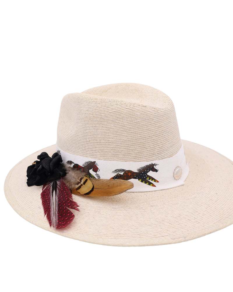 Straw fedora hat adorned with a white leather hat band, this hat features stunning hand-painted war horses and a black leather rose with colorful feathers.