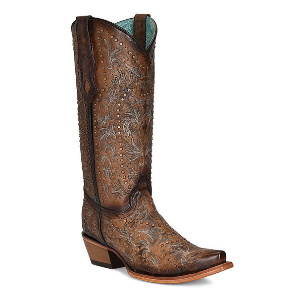 Women's brown cowboy boot with snip toe, embroidery all throughout the design and stud detail