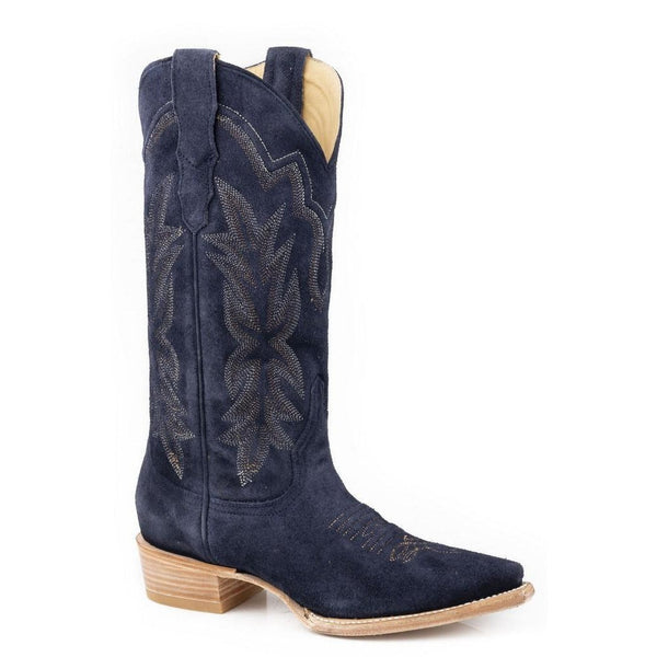 Navy suede cowboy boot with natural color heel and snip toe