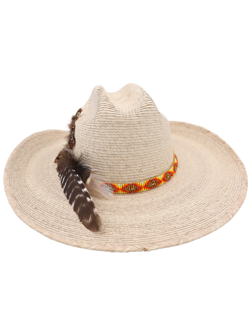 Straw cowboy hat features a vibrant hatband with intricate hand-beaded detailing in colors of orange, yellow, red, white, and brown. The side displays a beautifully crafted image of a horse framed by feathers, with large feathers tucked into the band.