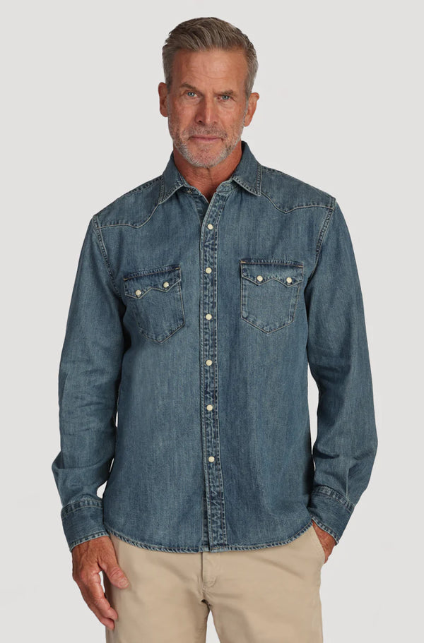 Man wearing denim pearl snap shirt with double breast pockets
