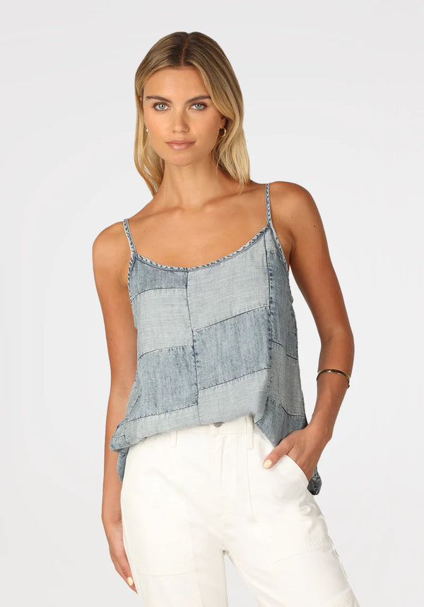 Woman wearing denim cami with patchwork all over