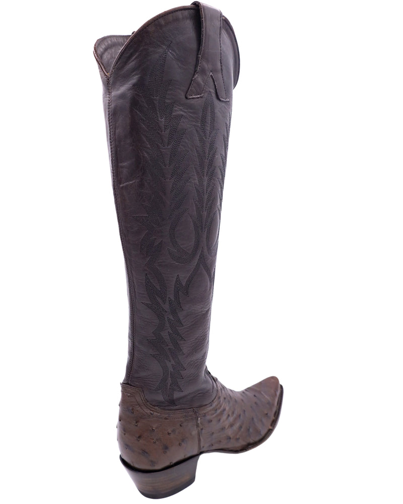 Brown ostrich vamp mayra cowgirl boot in chocolate leather with 4 long toe and zipper on the inside of the shaft