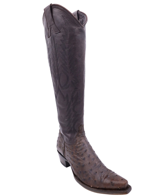 Brown ostrich vamp mayra cowgirl boot in chocolate leather with 4 long toe and zipper on the inside of the shaft