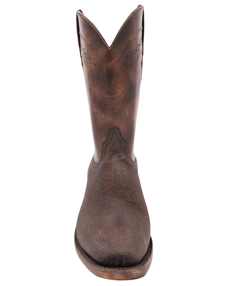 Vintage Brown Ring Lizard cowboy boot with unique western stitching on shaft