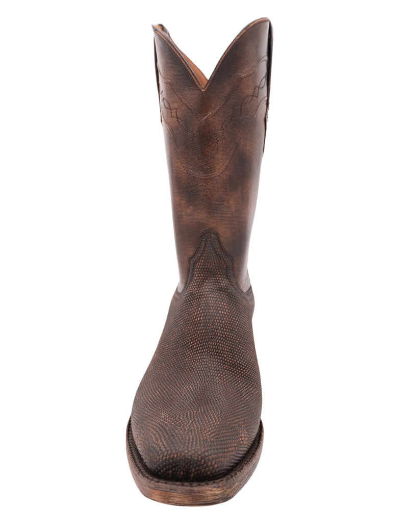 Vintage Brown Ring Lizard cowboy boot with unique western stitching on shaft