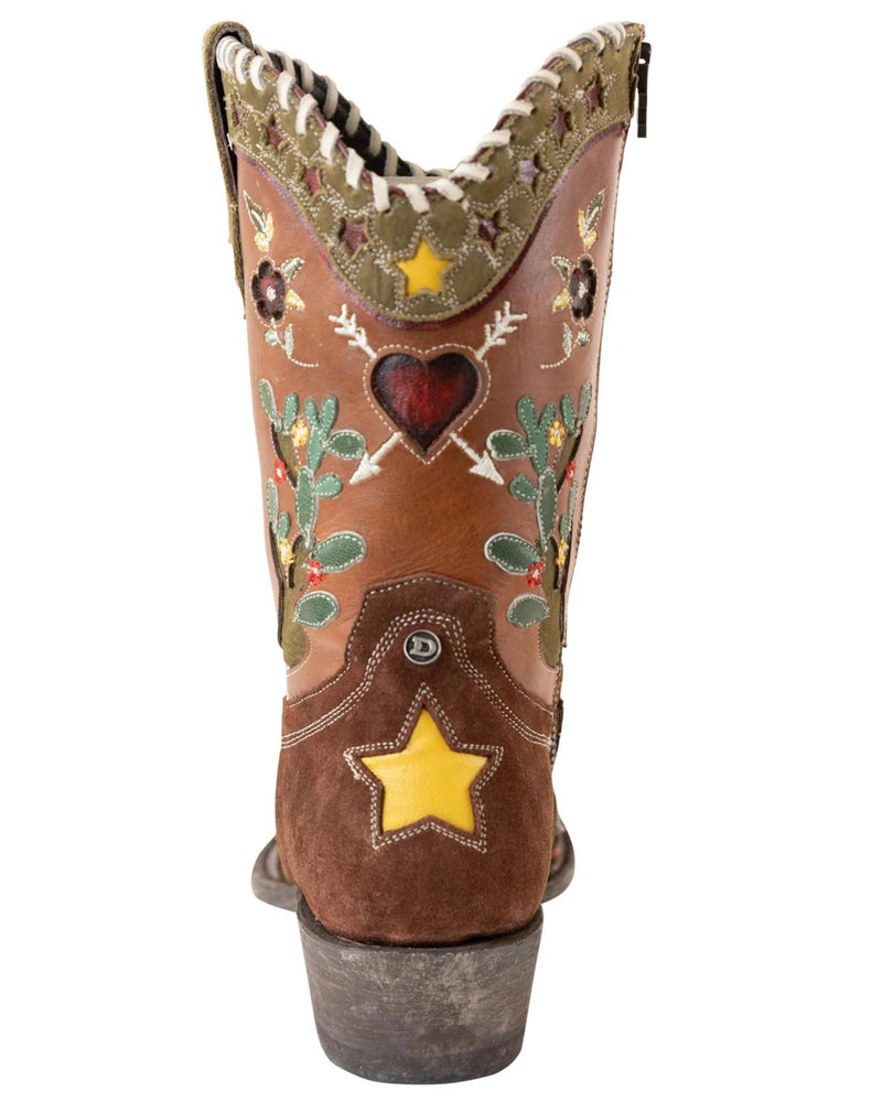 Women's cowboy boots with brown leather and suede with cacti inlay, florals, stars and hearts