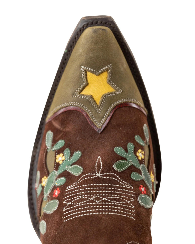 Women's cowboy boots with brown leather and suede with cacti inlay, florals, stars and hearts