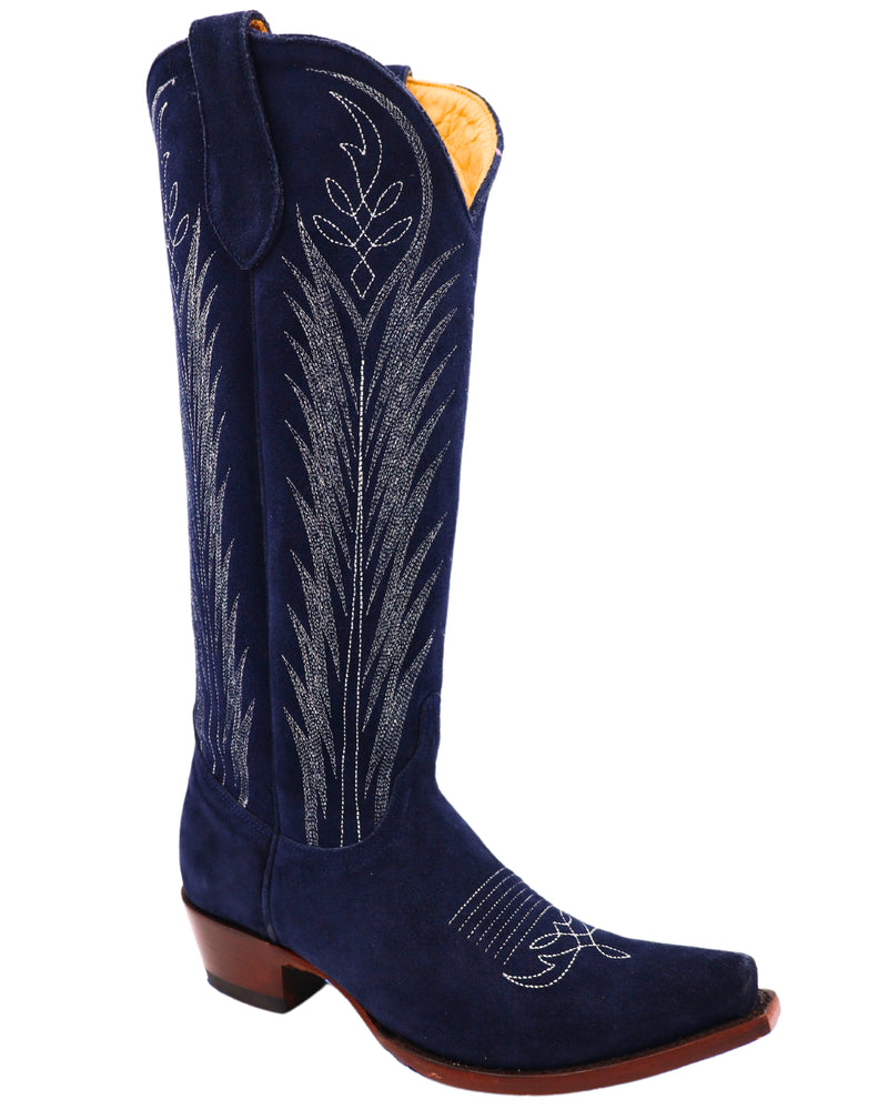 Tall indigo cowboy boots with unique stitching on the front and back