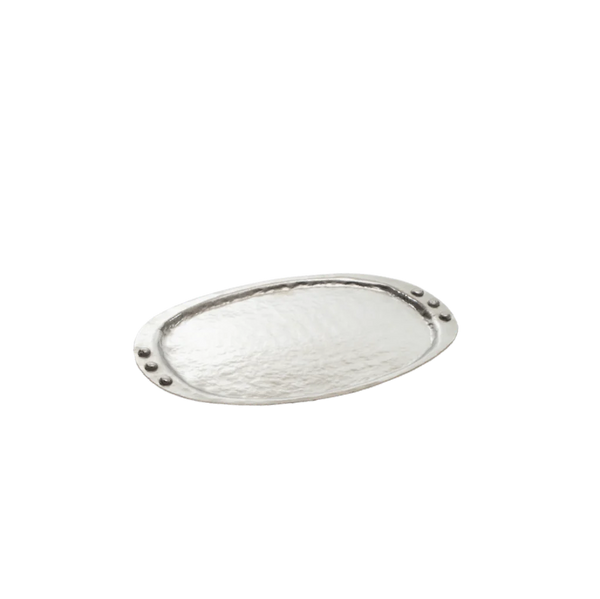 12" Nickel-plated oval tray with a subtle hammered finish