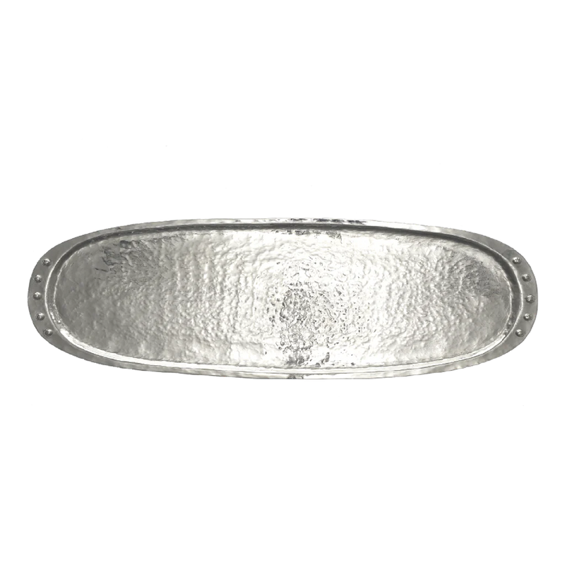 26" long nickel plated oval tray with subtle hammered texture.