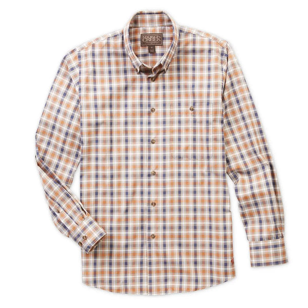 Featuring a men's classic button-down design in a unique mix of orange, navy, white and tan colors