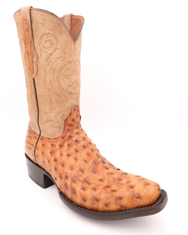 Tan ostrich cowboy boot with tan shaft with star in the center of the front and back shaft
