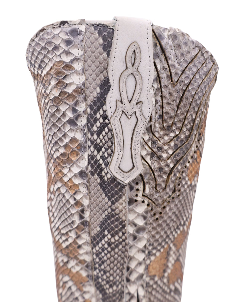 Tall python boot with painted gold accents on the skin with snip toe and interior zipper