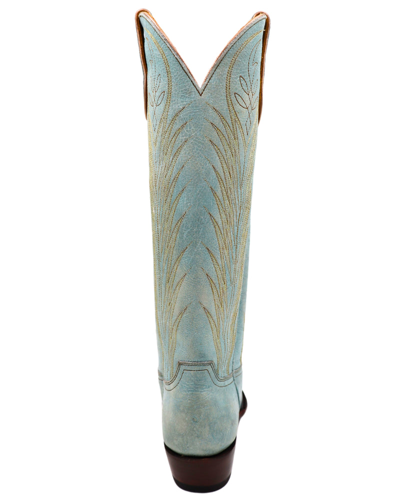 Tall pink and blue cowboy boots with unique stitching on the front and back