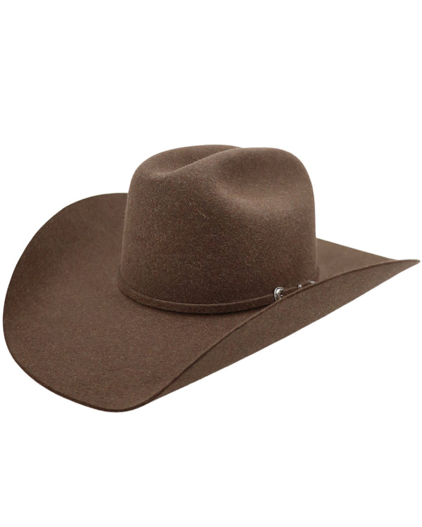 Felt cowboy hat in a medium brown color with felt hat band and buckle set on the side
