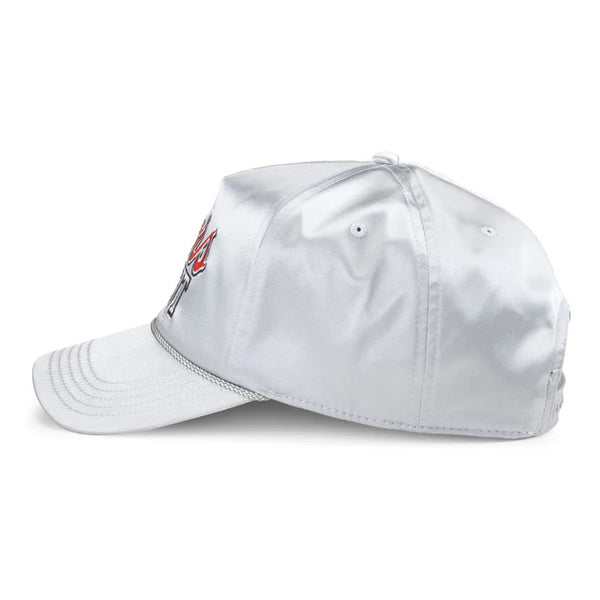 White baseball cap with a logo on a white background