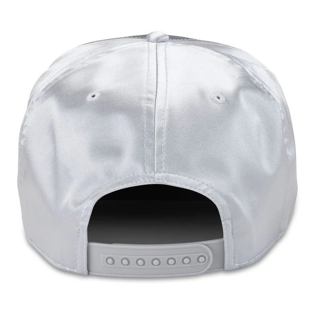 Back view of a white baseball cap on a white background