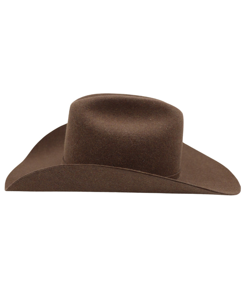 Felt cowboy hat in a medium brown color with felt hat band and buckle set on the side