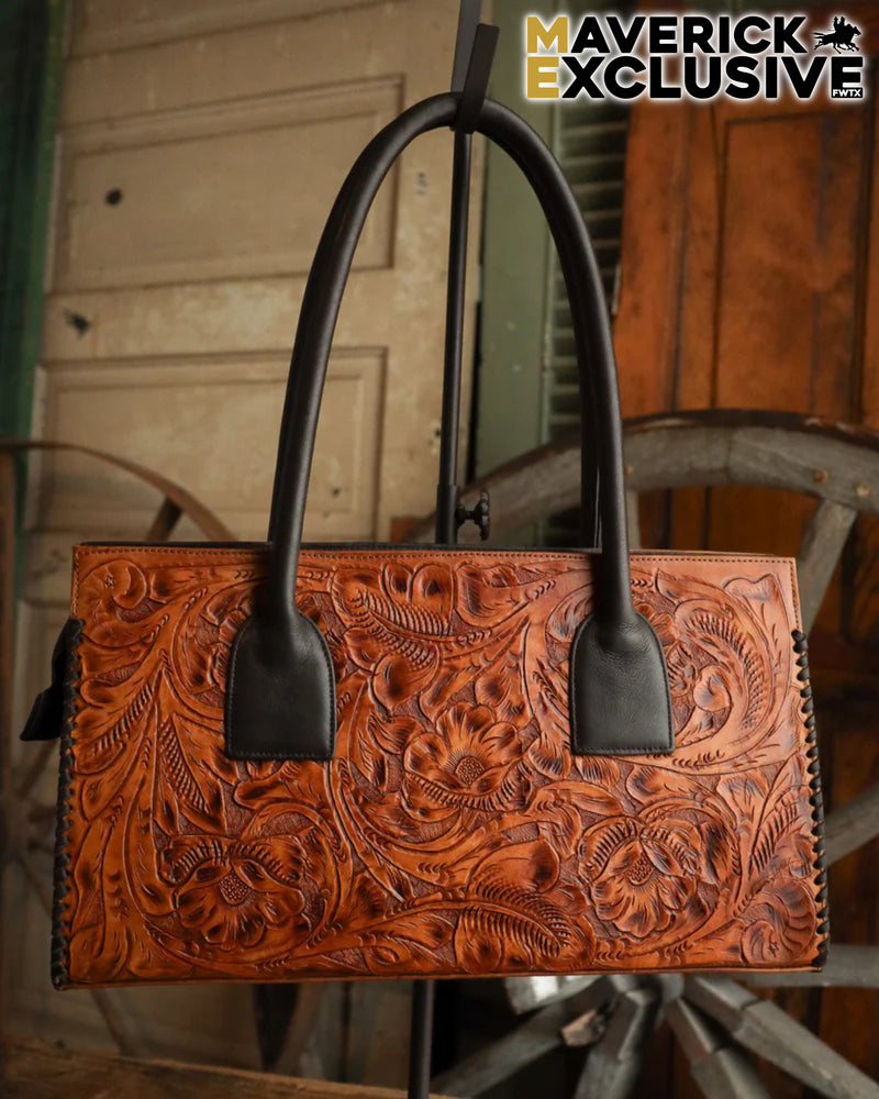 Maverick Exclusive Tooled Saddle Tan Brown Whipstitch Handbag
