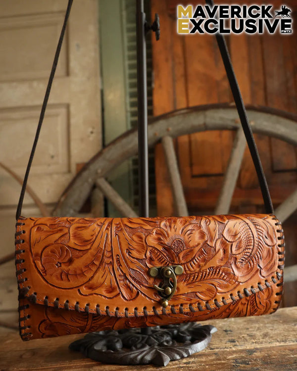Maverick Exclusive Tooled Saddle Tan Brown Whip Stitch Handbag