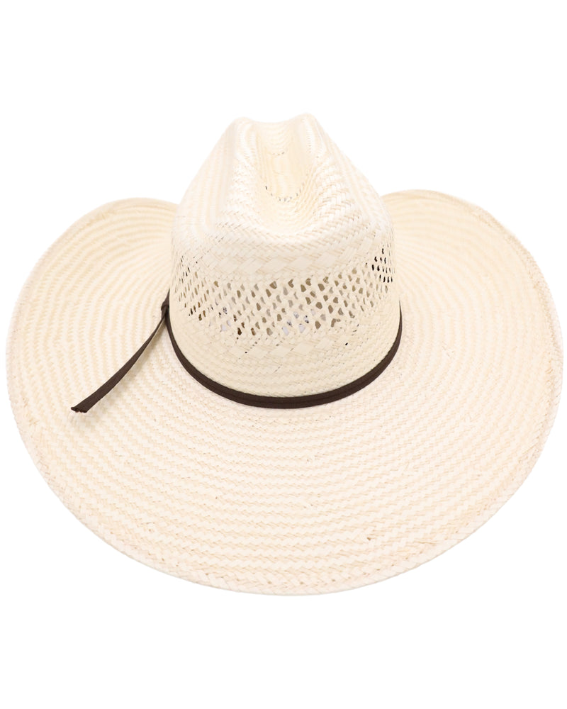 Straw cowboy hat with vents all the way around the crown, brown cording, cloth sweatband and cattleman crown