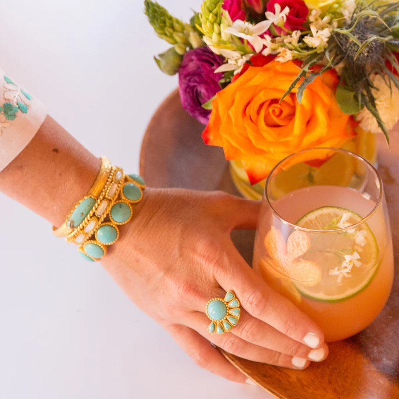 TEXTURED GOLD CUFF BRACELET WITH TURQUOISE CENTER STONE