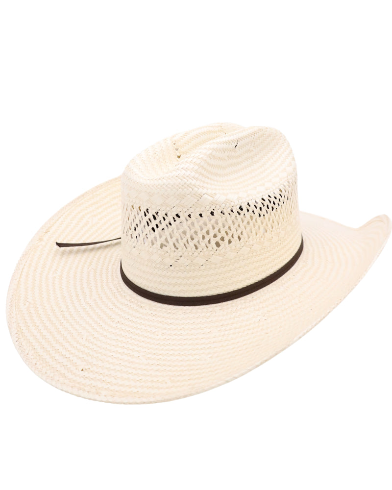 Straw cowboy hat with vents all the way around the crown, brown cording, cloth sweatband and cattleman crown