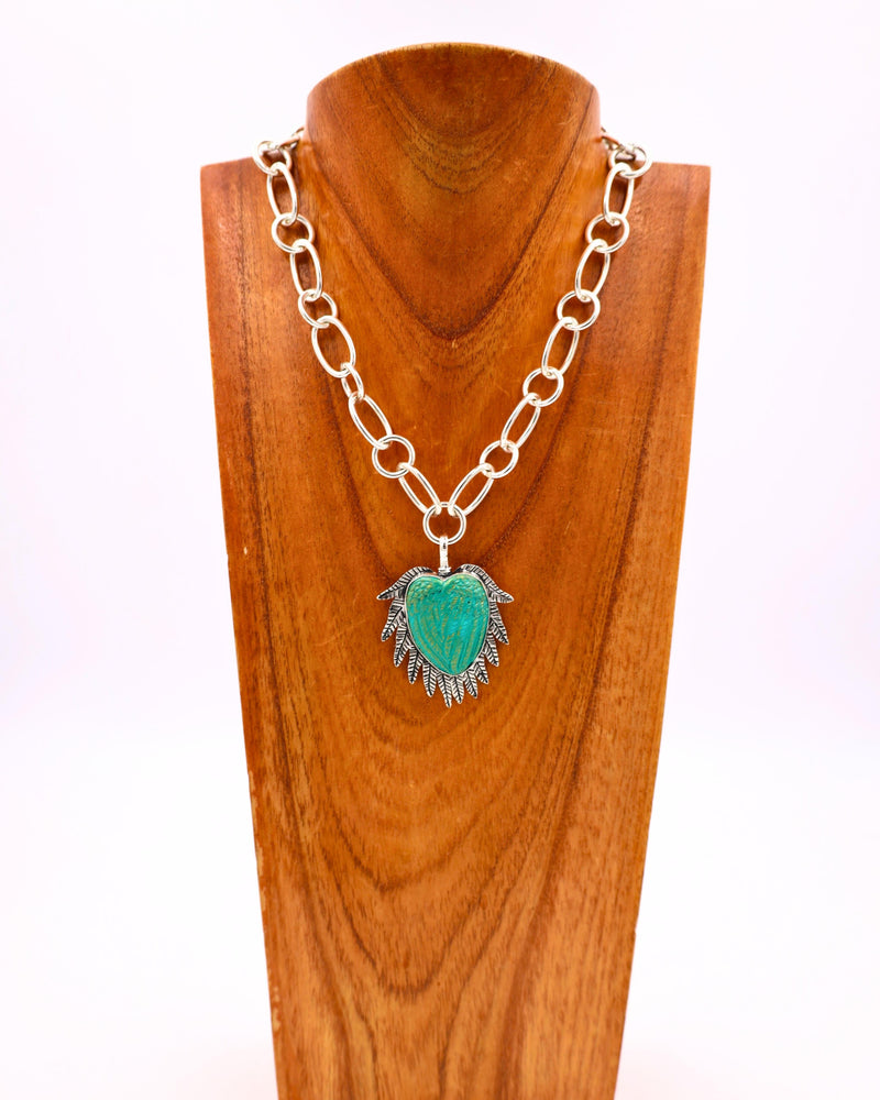 COREEN CORDOVA TEAL HEART WITH SILVER FEATHERS PENDANT